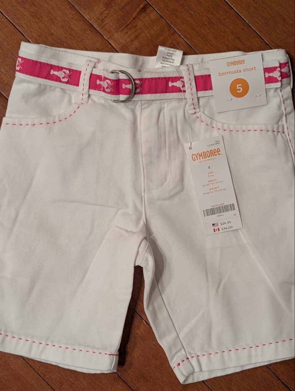 Vintage NWT Gymboree Girls' White Bermuda Shorts with Pink Lobster Belt - Size 5